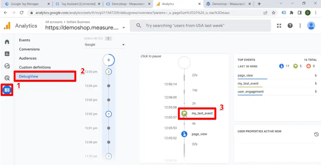 Navigating to the GA4 test event