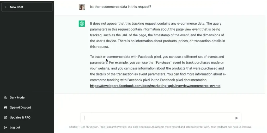 No eCommerce data was found in the Facebook tracking request