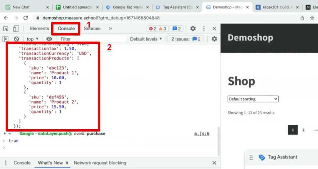 Pasting the GA purchase event code to the JavaScript console tab