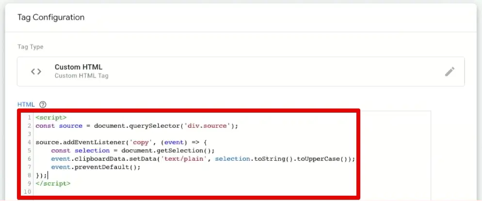 Pasting the sample code to the custom HTML tag