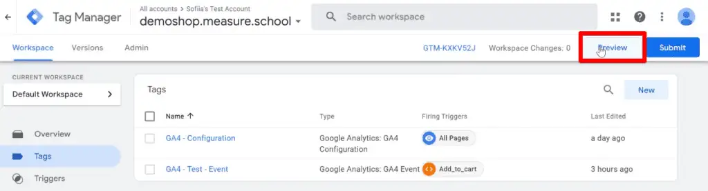 Previewing the GA4 event tag