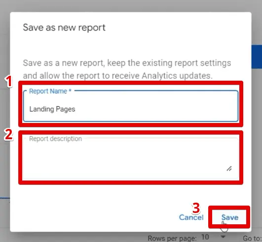 Providing a name and description for the new report