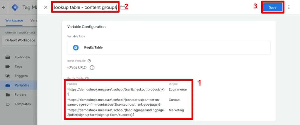 RegEx table variable configuration