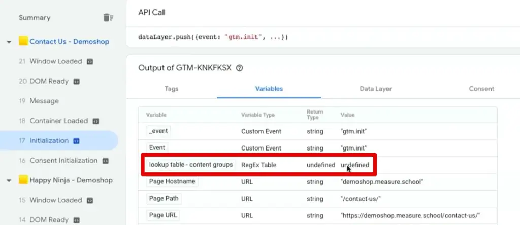 RegEx table variable having an undefined value