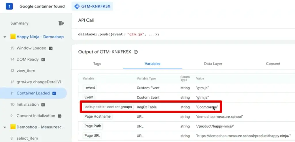 RegEx table variable returning the eCommerce value