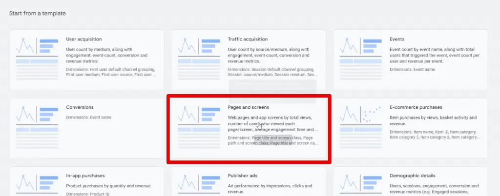 Selecting the pages and screens template
