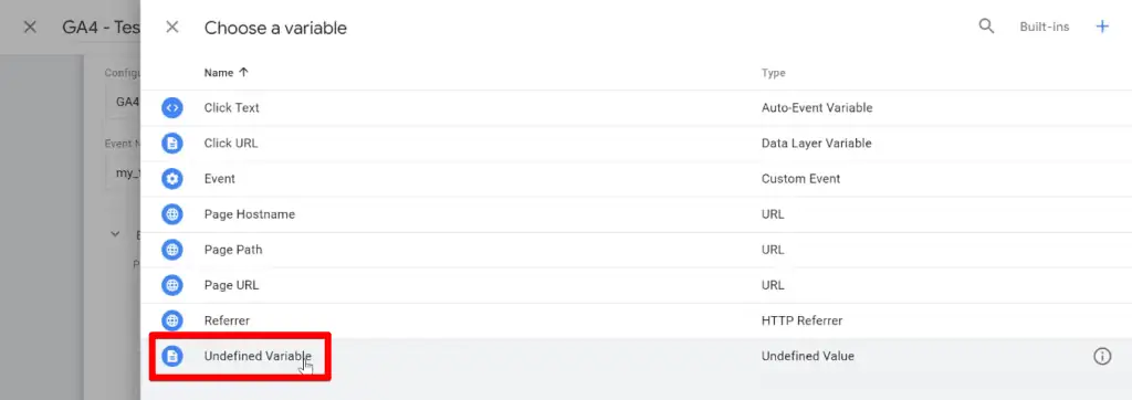 Selecting the undefined variable for the event parameter value