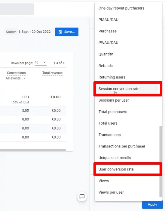 Session and user conversion rate in GA4