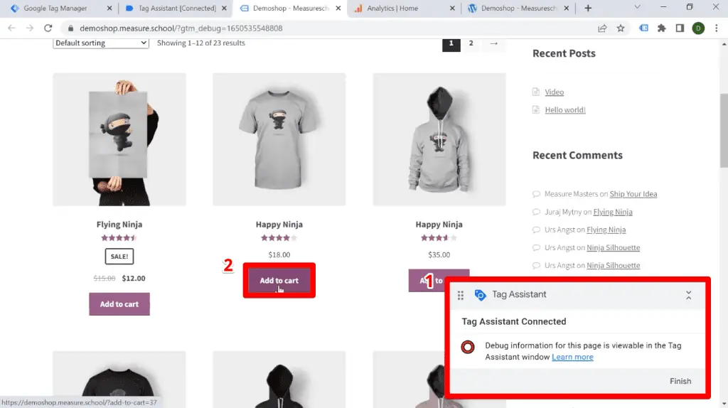 Tag Assistant successfully connected to the website and added a product to the cart