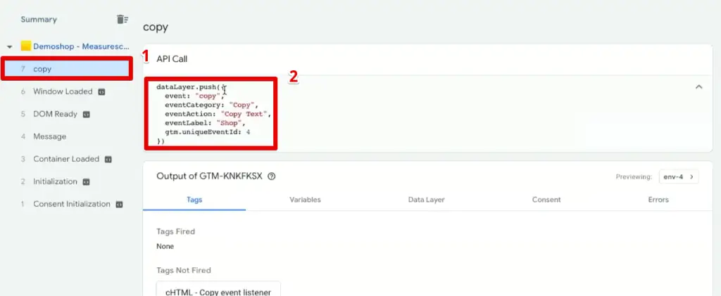 The copy event in the Tag Assistant with the dataLayer.push