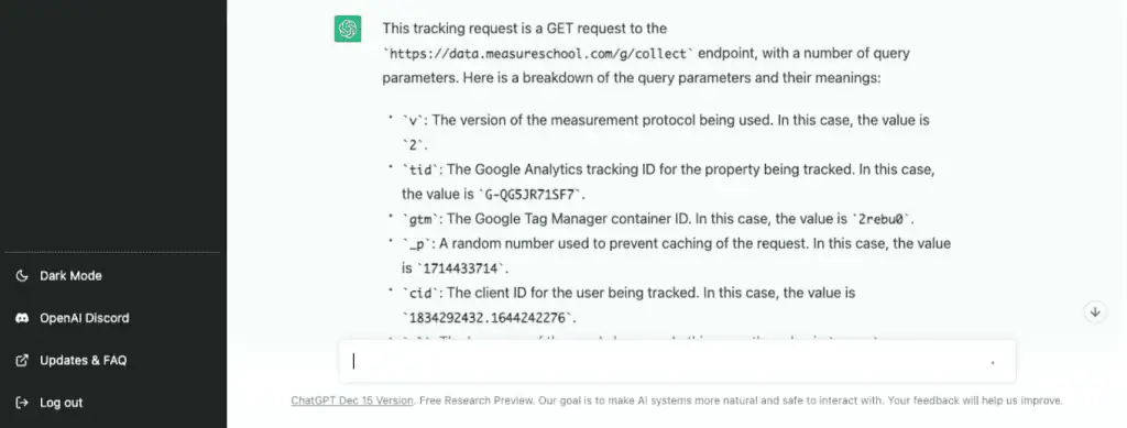 The decoded tracking request using ChatGPT