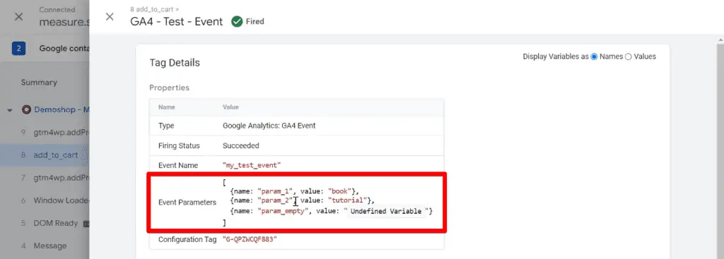 Updated GA4 event tag parameters reflecting the undefined variable value