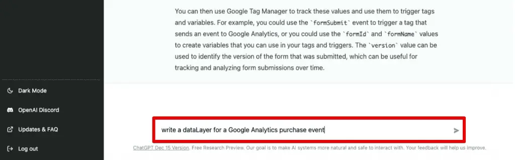 Writing a Google Analytics purchase event with ChatGPT