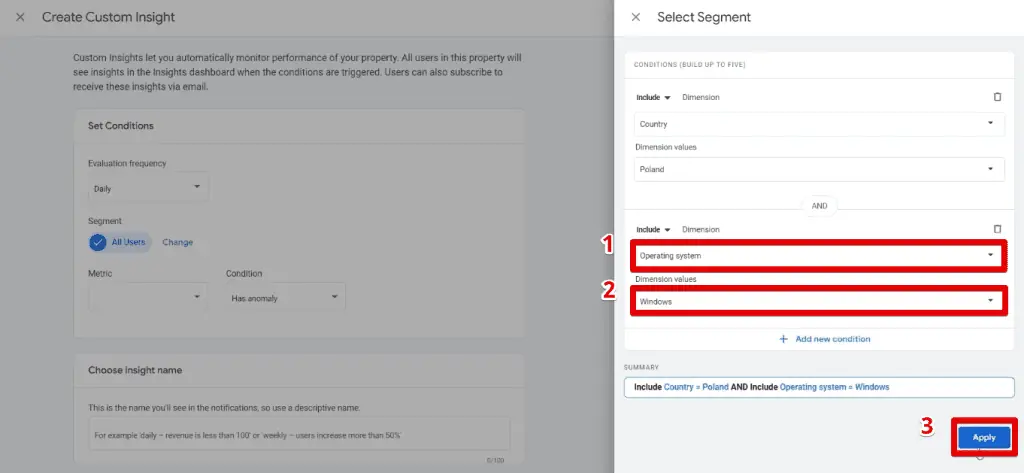 Adding a Windows operating system condition to the custom segment