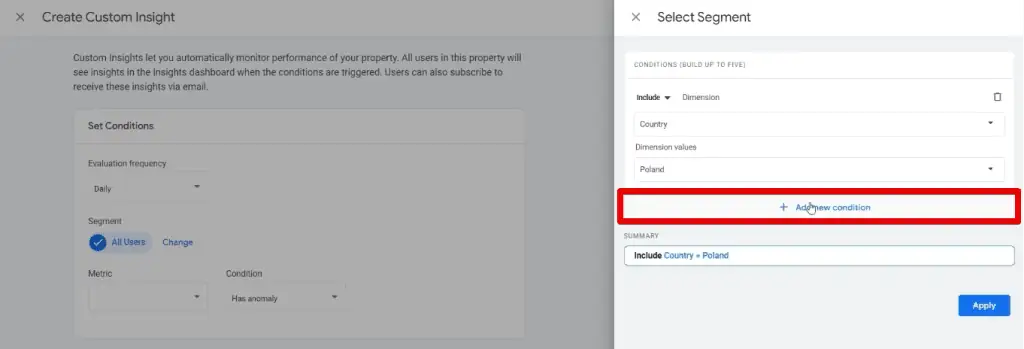 Adding a new condition for the custom segment