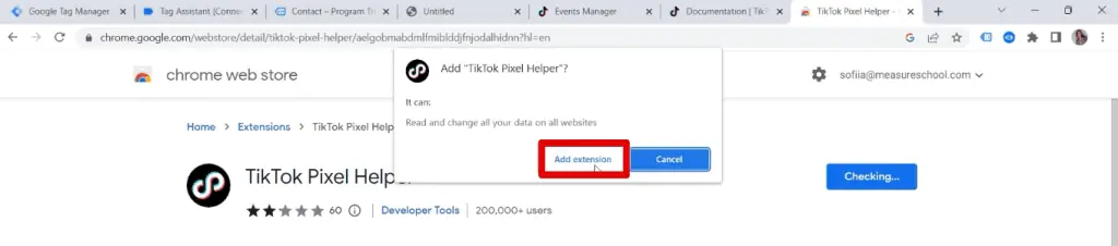 Adding the TikTok pixel helper extension confirmation