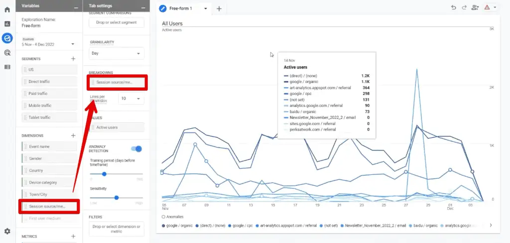 Adding the session source/medium dimension to the exploration report