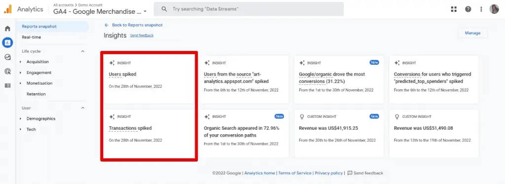Anomalies detected in the insights section