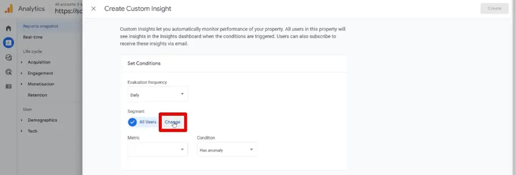 Changing segments for the custom insight