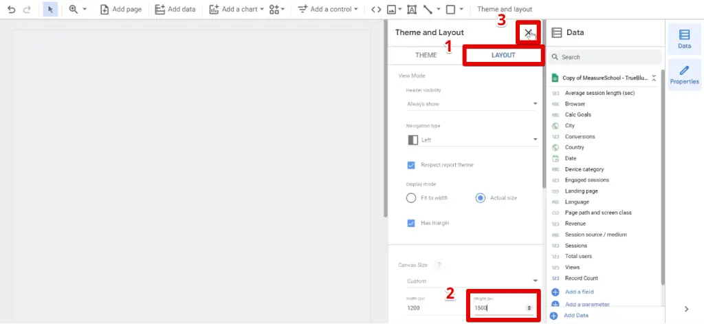Changing the canvas size in the layout tab