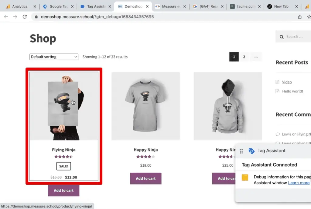 Clicking on a product