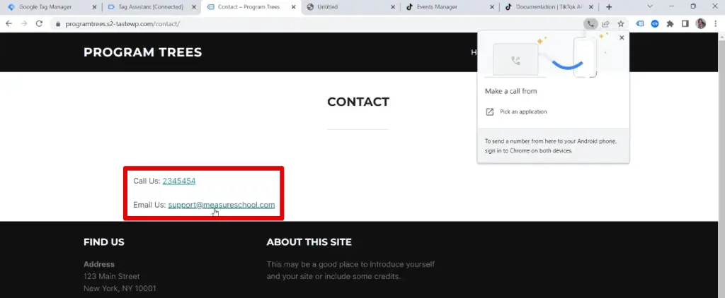 Clicking on the phone number and email on the email address