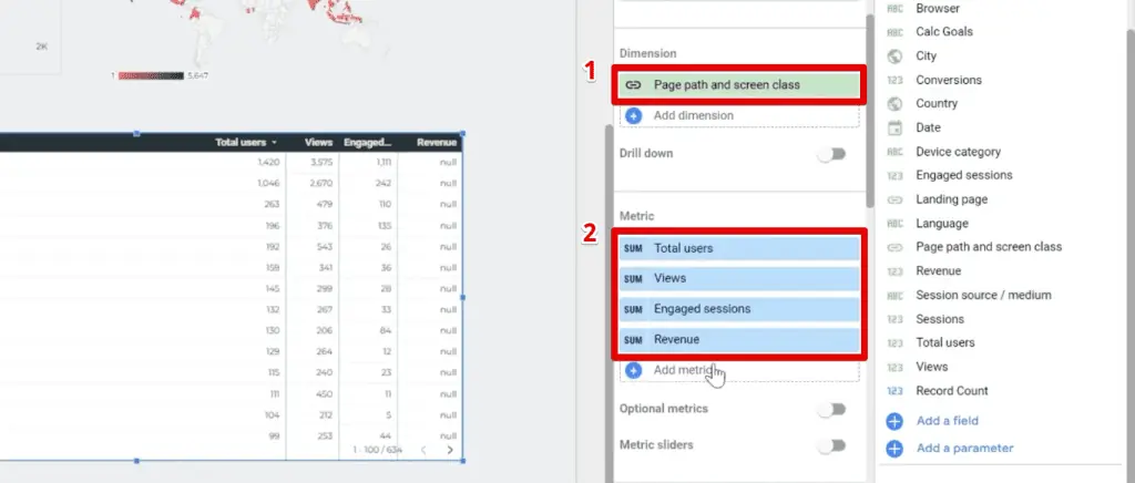 Configuring the table’s dimensions and metrics