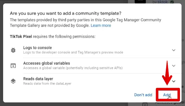 Confirming permissions required by the TikTok pixel tag template