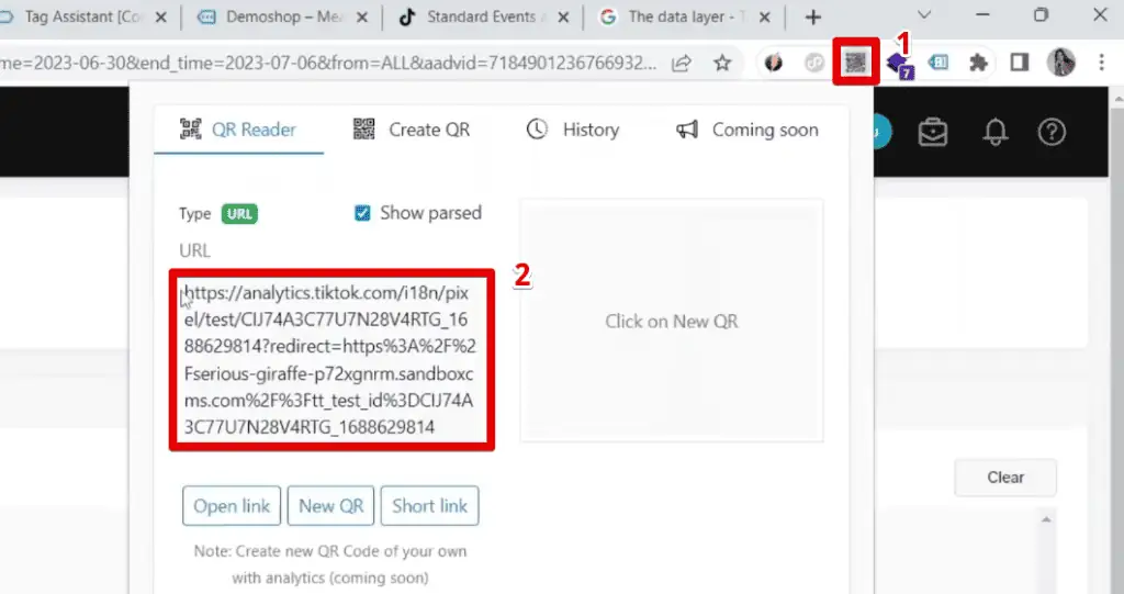 Link generated by the QR Code Reader extension