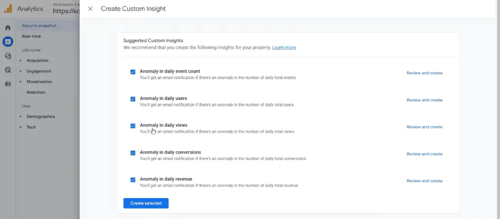 List of suggested custom insights