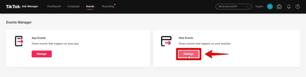 Managing web events in the TikTok events manager