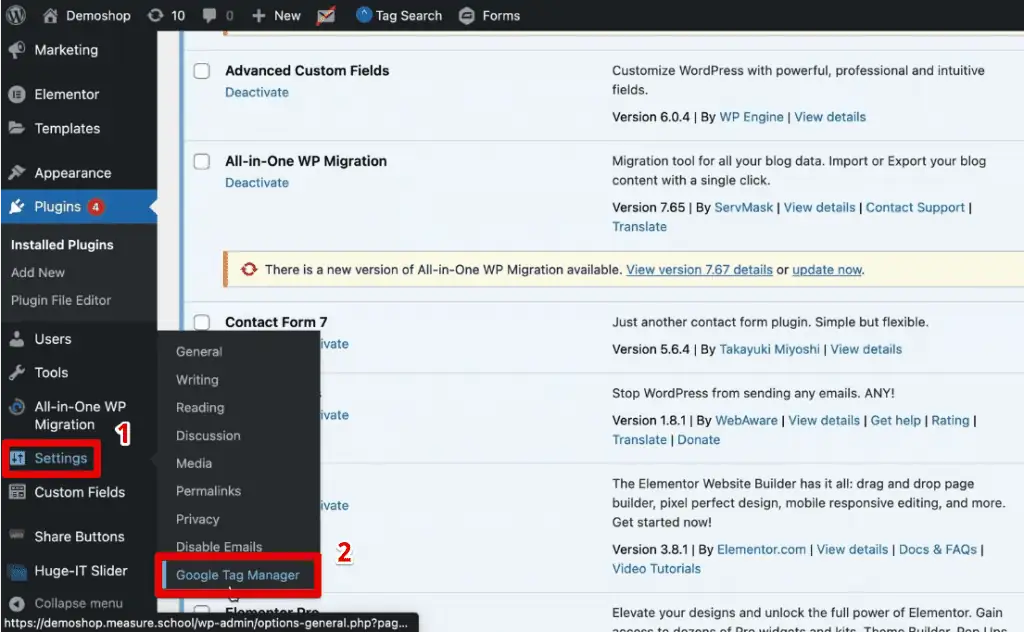 Opening the GTM4WP plugin settings