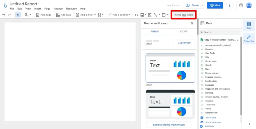 Opening the theme and layout pane