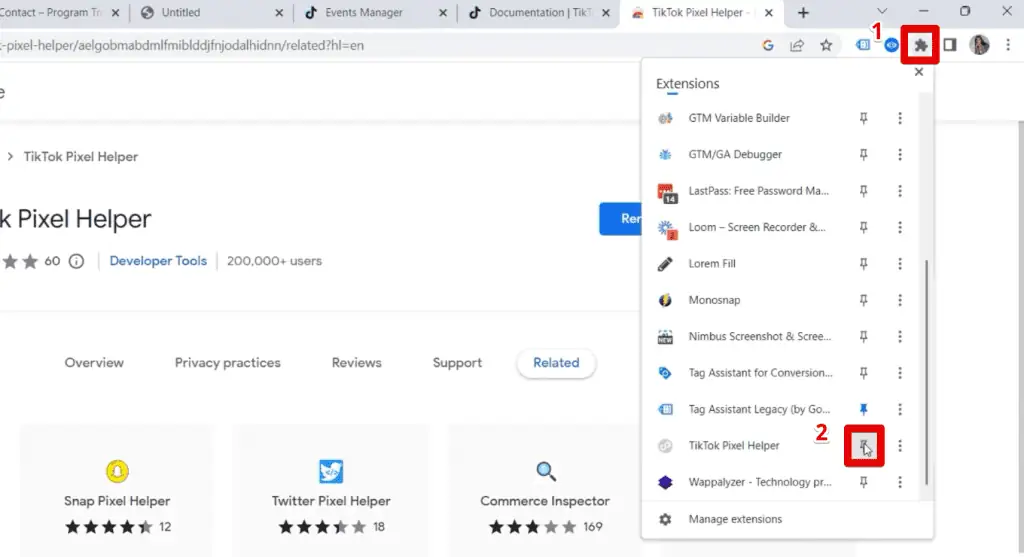 Pinning the TikTok pixel helper extension