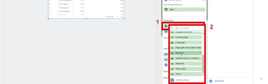 Replacing the data displayed on the chart by selecting the dimension or metric