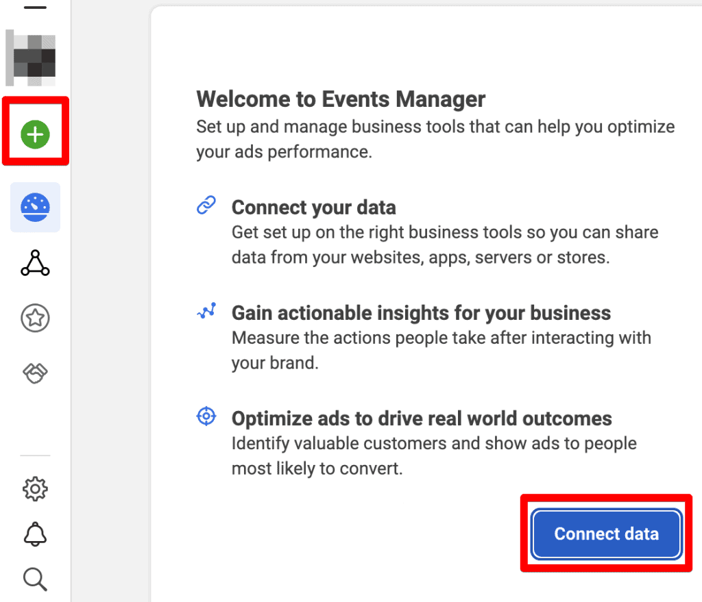 Screenshot of Facebook events manager with connecting data options