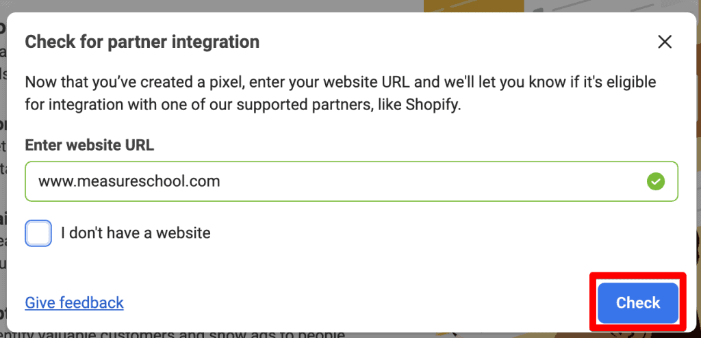 Screenshot of Facebook pixel installation - check for partner integration step