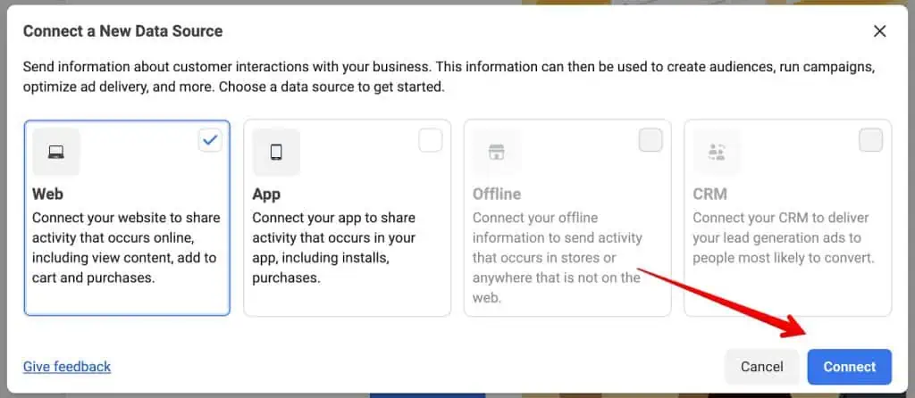 Screenshot of Facebook pixel installation - choose a data source step