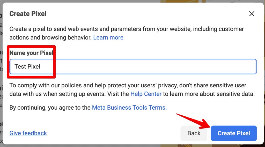 Screenshot of Facebook pixel installation - name your pixel step