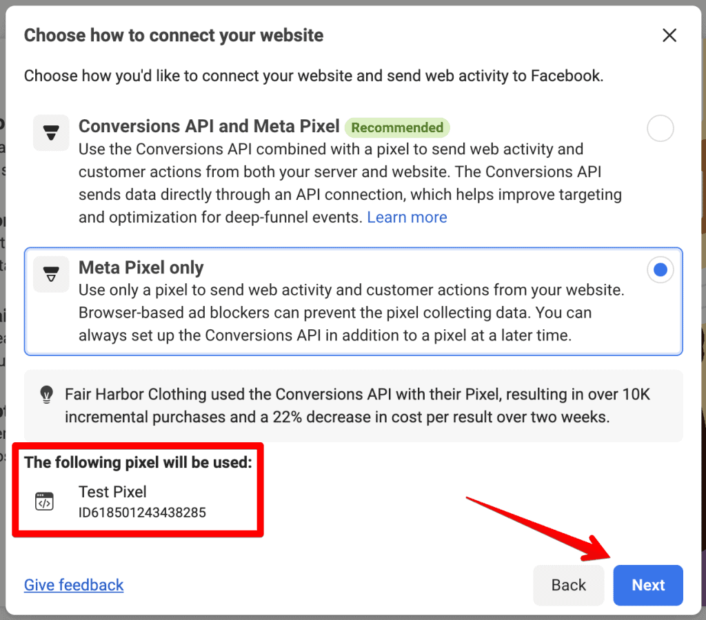 Screenshot of Facebook pixel options with Conversions API or only Meta Pixel