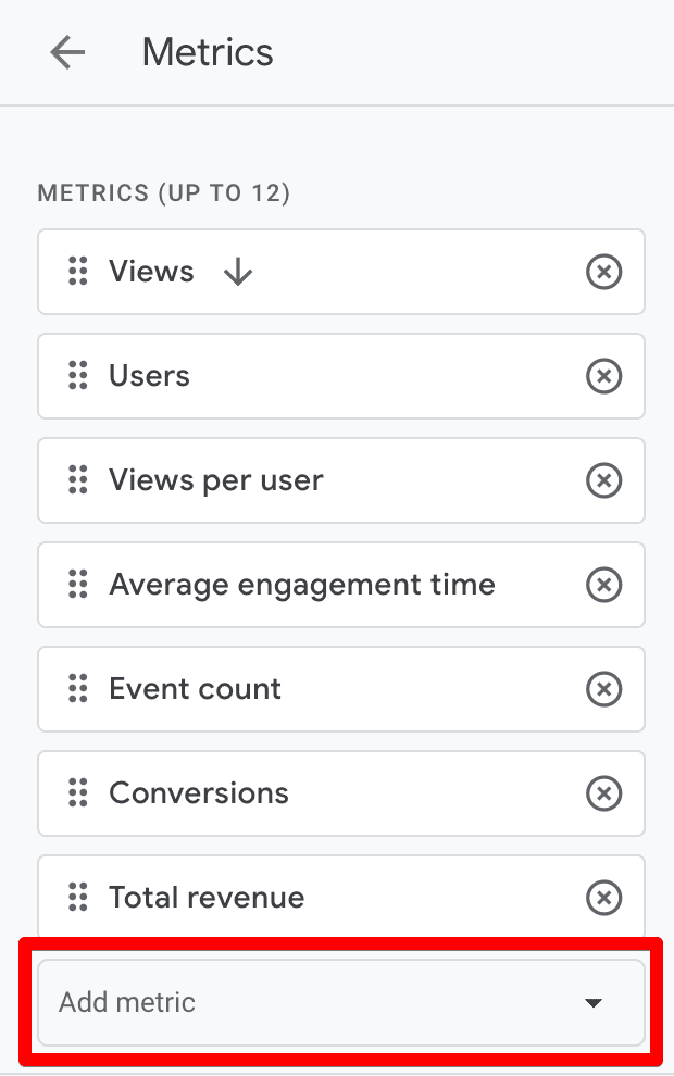 Screenshot of adding metrics in GA4 customize report settings