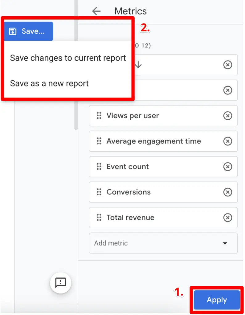 Screenshot of applying metrics and saving the report