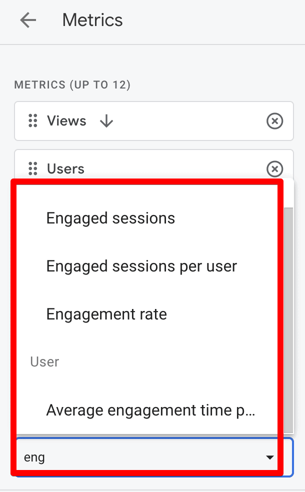 Screenshot showing all engagement metrics in GA4 customize report settings