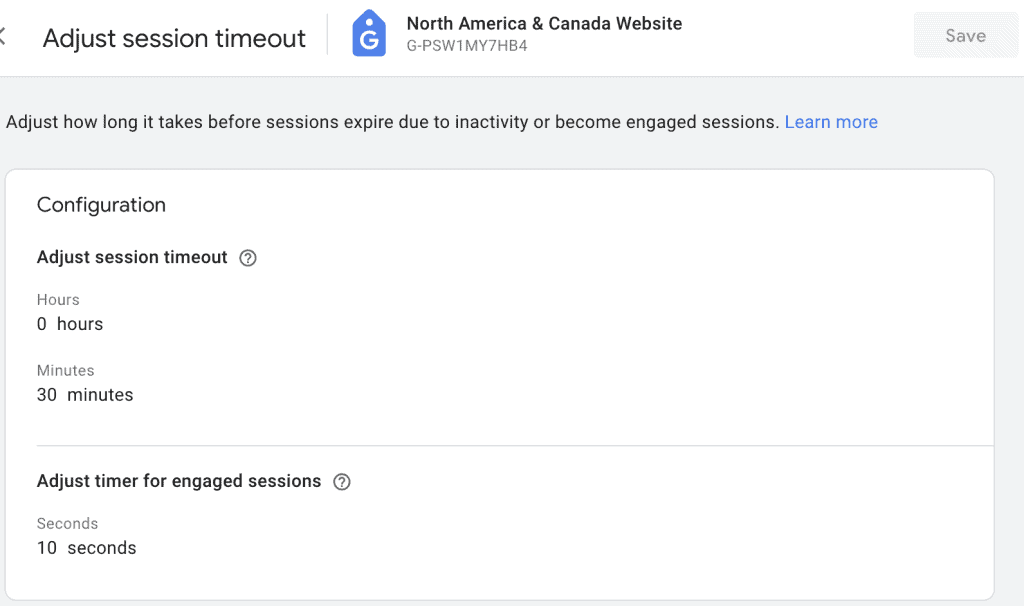 Screenshot showing how to adjust session time-out settings in GA4