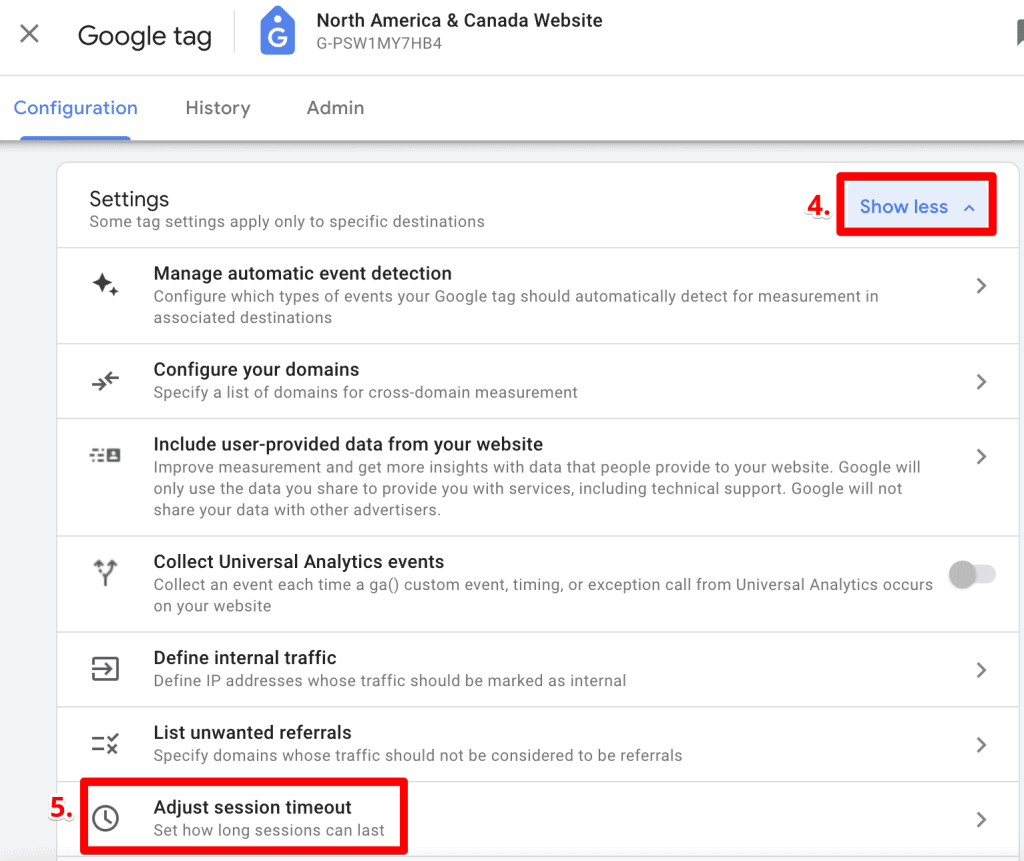 Screenshot showing where to find session time-out settings under Configure tag settings