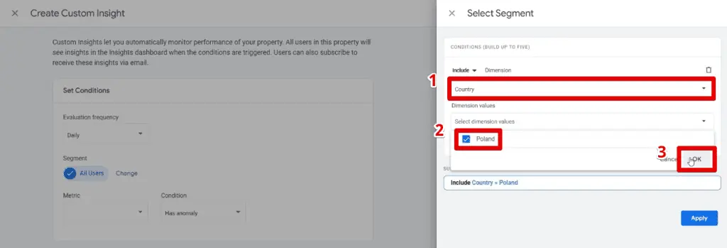 Selecting a condition for the segment