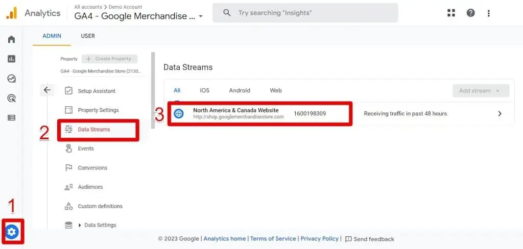 Selecting a data stream in GA4