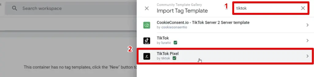 Selecting the TikTok pixel tag template