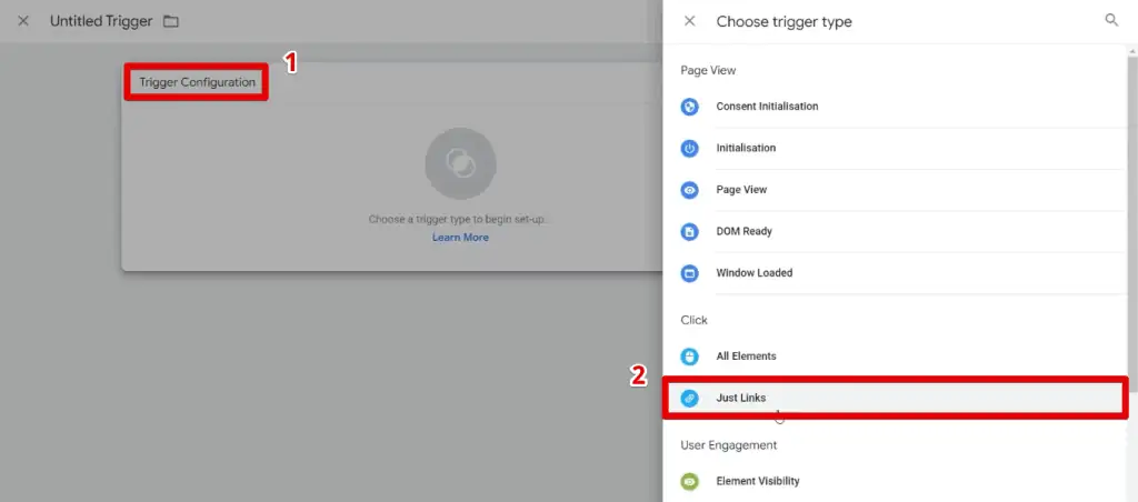 Selecting the just links trigger configuration