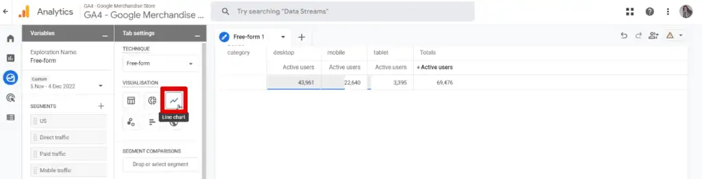 Selecting the line chart visualization type